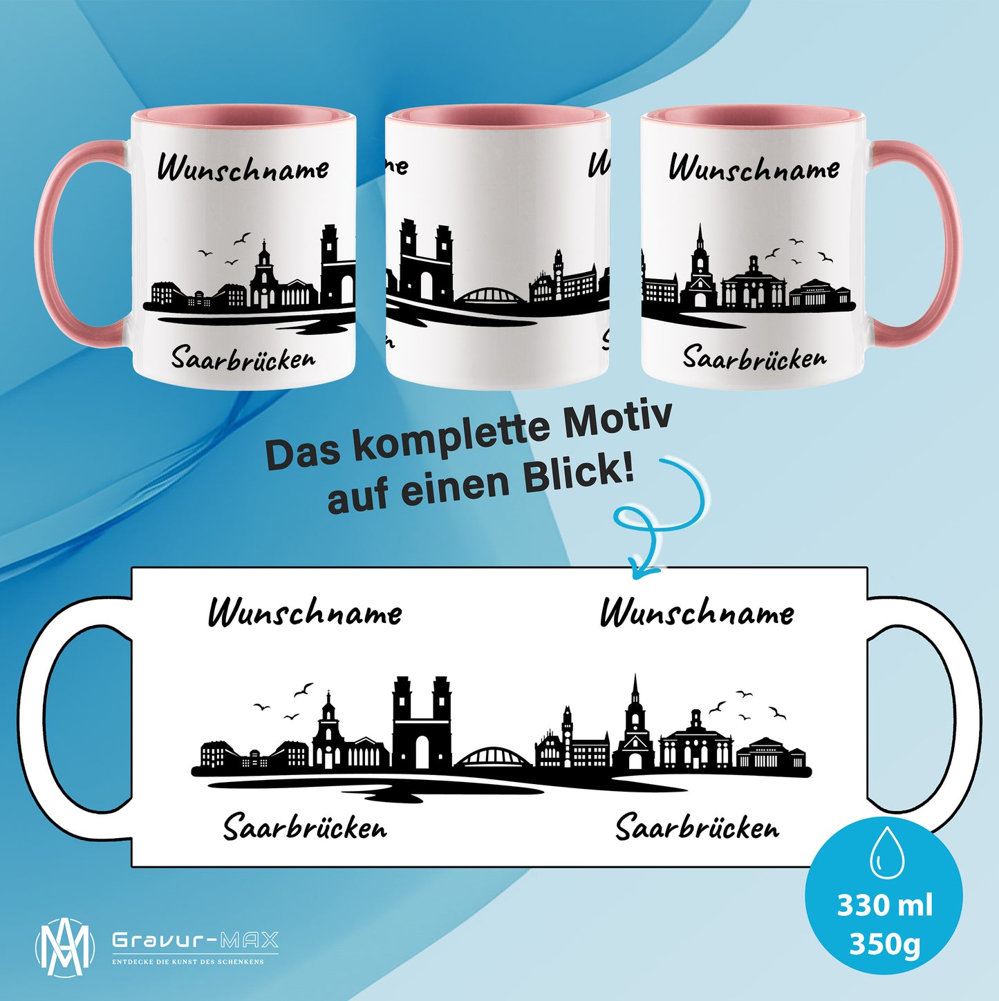 Tasse in Rosa 330ml bedruckt mit der Skyline von Saarbrücken personalisierbar mit Wunschname