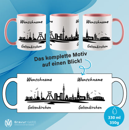 Tasse in Rosa 330ml bedruckt mit der Skyline von Gelsenkirchen personalisierbar mit Wunschname