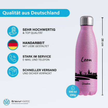 Glitzer Trinkflasche in Rosa 500ml aus Edelstahl bedruckt mit der Skyline von Usedom personalisierbar mit Wunschname