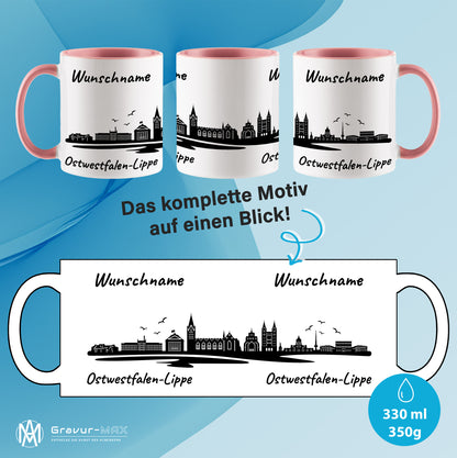 Tasse in Rosa 330ml bedruckt mit der Skyline von Ostwestfalen-Lippe personalisierbar mit Wunschname