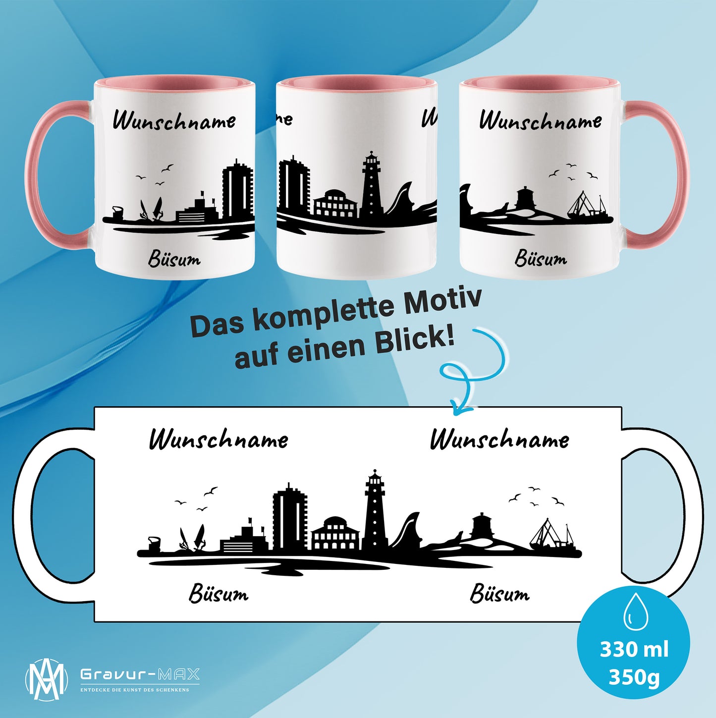 Tasse in Rosa 330ml bedruckt mit der Skyline von Büsum personalisierbar mit Wunschname