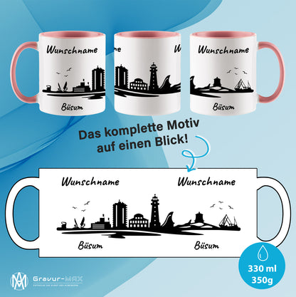 Tasse in Rosa 330ml bedruckt mit der Skyline von Büsum personalisierbar mit Wunschname
