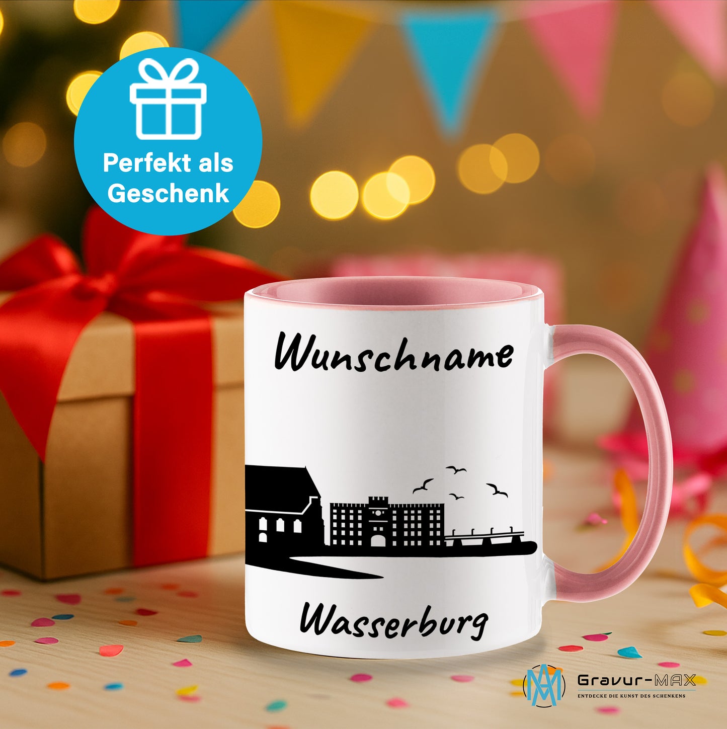 Tasse in Rosa 330ml bedruckt mit der Skyline von Wasserburg personalisierbar mit Wunschname
