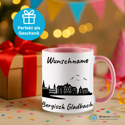 Tasse in Rosa 330ml bedruckt mit der Skyline von Bergisch Gladbach personalisierbar mit Wunschname
