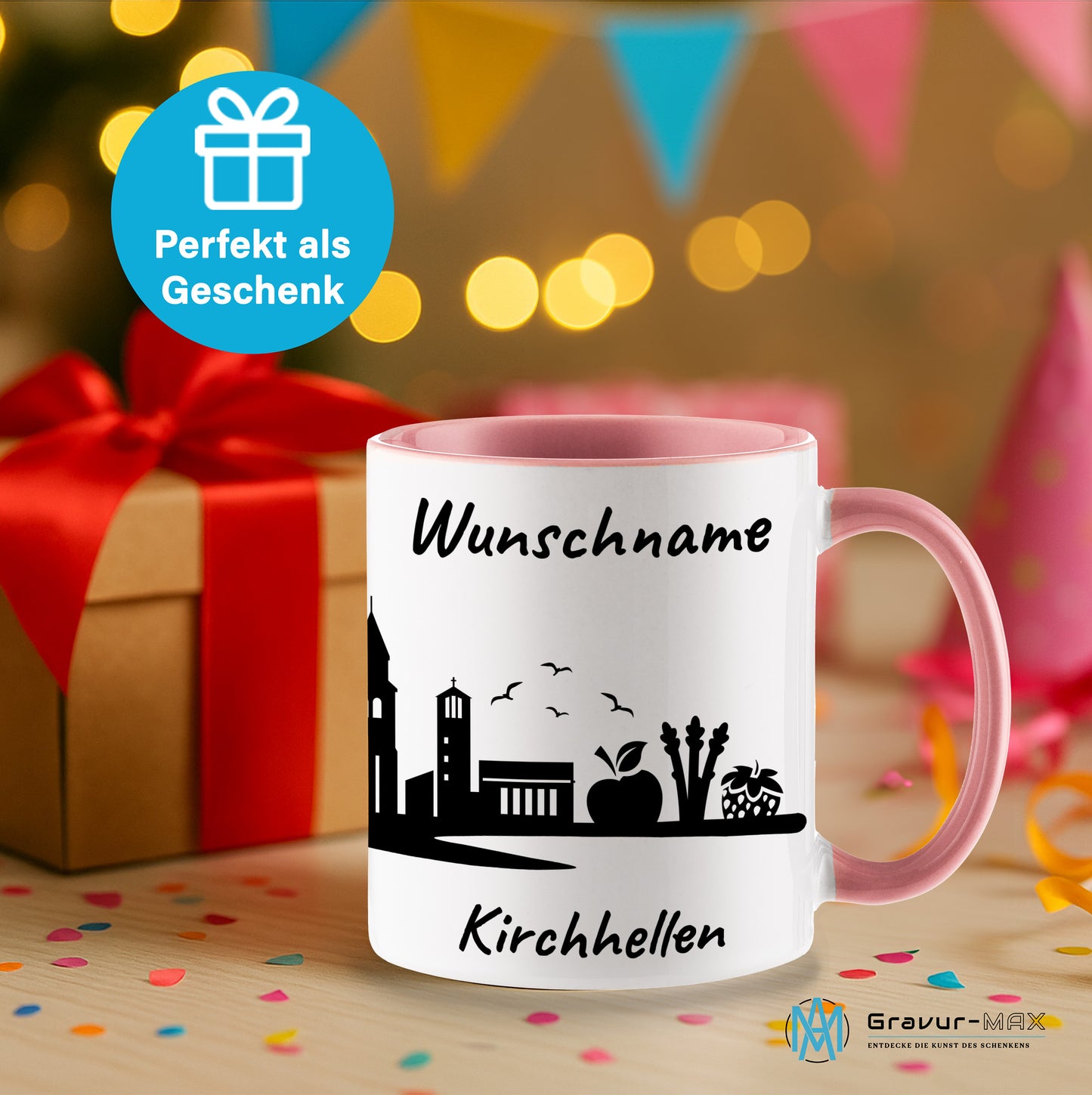 Tasse in Rosa 330ml bedruckt mit der Skyline von Kirchhellen personalisierbar mit Wunschname