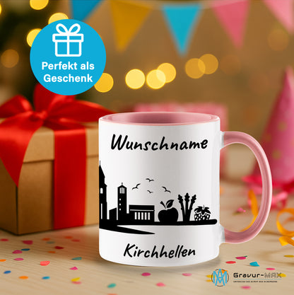 Tasse in Rosa 330ml bedruckt mit der Skyline von Kirchhellen personalisierbar mit Wunschname
