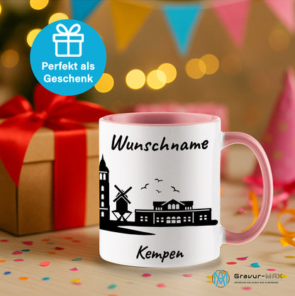 Tasse in Rosa 330ml bedruckt mit der Skyline von Kempen personalisierbar mit Wunschname