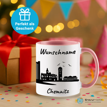 Tasse in Rosa 330ml bedruckt mit der Skyline von Chemnitz personalisierbar mit Wunschname