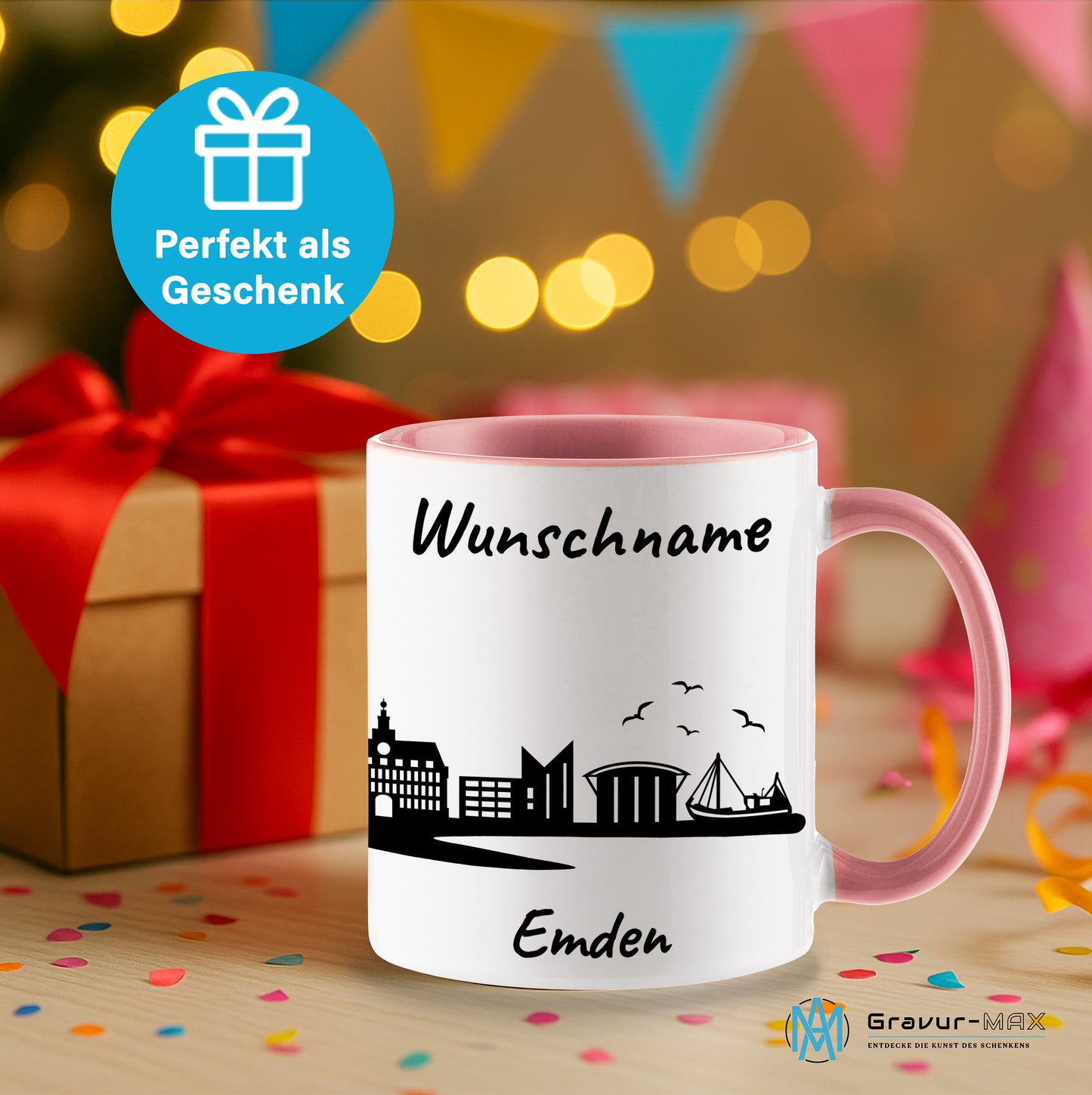 Tasse in Rosa 330ml bedruckt mit der Skyline von Emden personalisierbar mit Wunschname