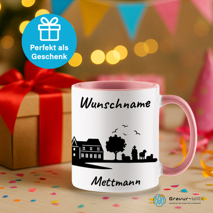 Tasse in Rosa 330ml bedruckt mit der Skyline von Mettmann personalisierbar mit Wunschname