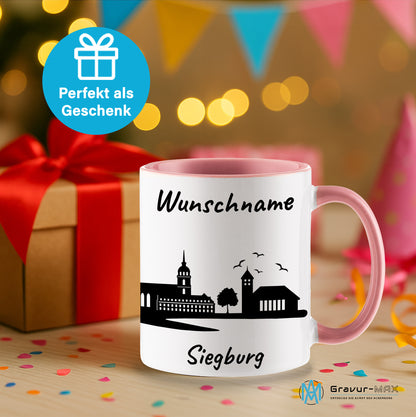 Tasse in Rosa 330ml bedruckt mit der Skyline von Siegburg personalisierbar mit Wunschname