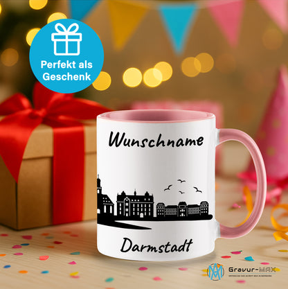 Tasse in Rosa 330ml bedruckt mit der Skyline von Darmstadt personalisierbar mit Wunschname