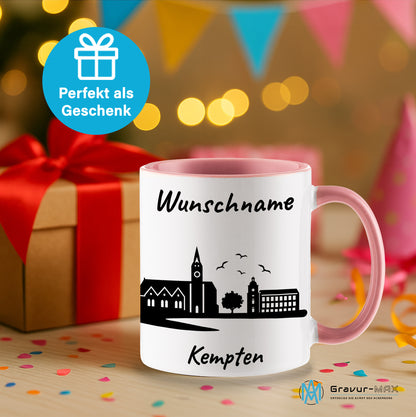 Tasse in Rosa 330ml bedruckt mit der Skyline von Kempten personalisierbar mit Wunschname