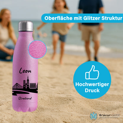 Glitzer Trinkflasche in Rosa 500ml aus Edelstahl bedruckt mit der Skyline von Stralsund personalisierbar mit Wunschname