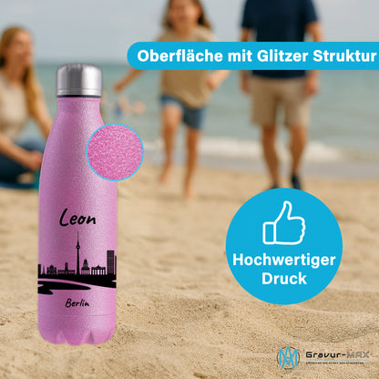 Glitzer Trinkflasche in Rosa 500ml aus Edelstahl bedruckt mit der Skyline von Berlin personalisierbar mit Wunschname