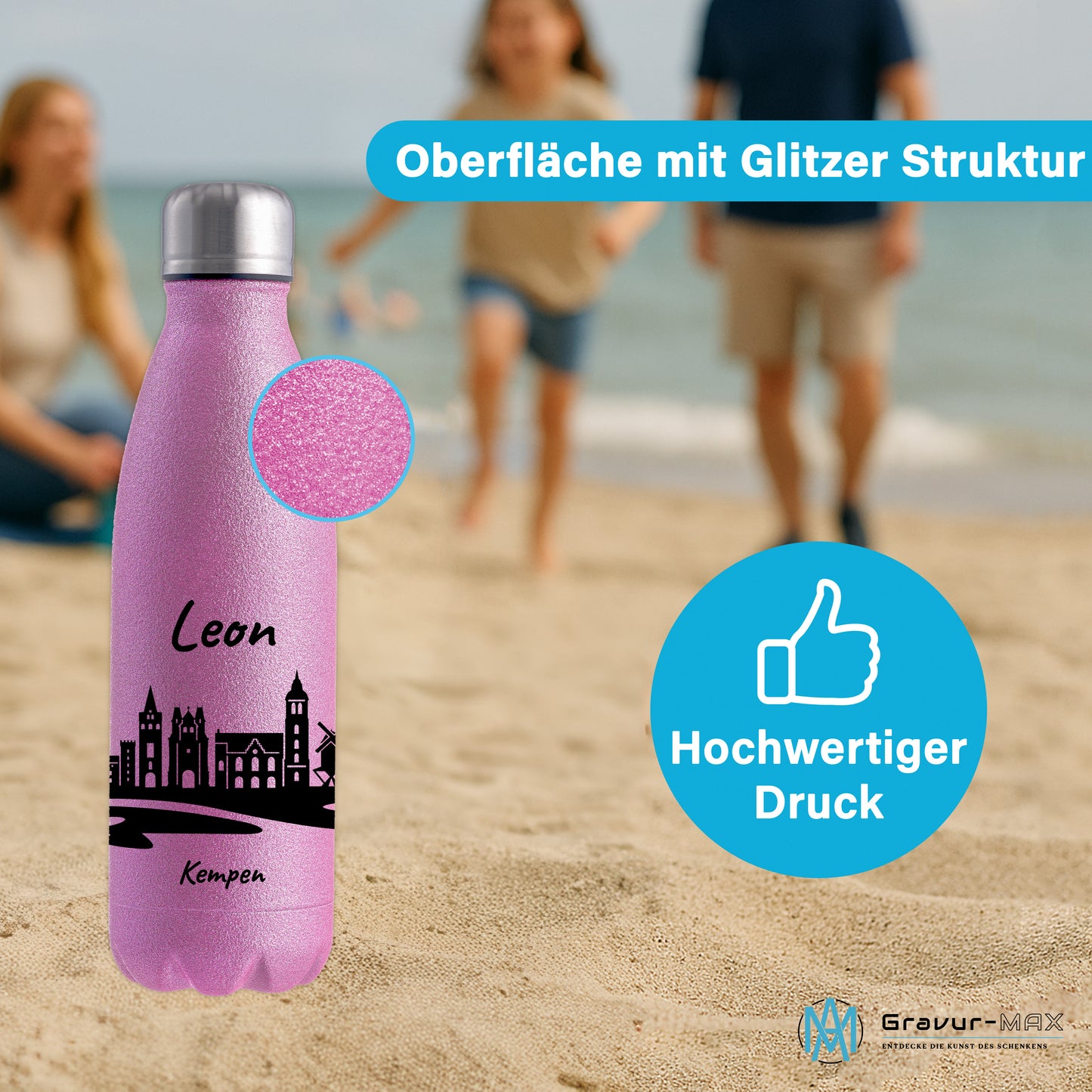 Glitzer Trinkflasche in Rosa 500ml aus Edelstahl bedruckt mit der Skyline von Kempen personalisierbar mit Wunschname