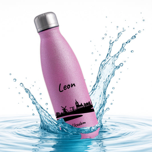 Glitzer Trinkflasche in Rosa 500ml aus Edelstahl bedruckt mit der Skyline von Usedom personalisierbar mit Wunschname
