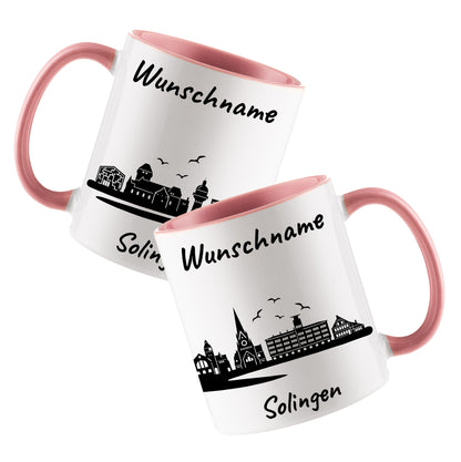 Tasse in Rosa 330ml bedruckt mit der Skyline von Solingen personalisierbar mit Wunschname