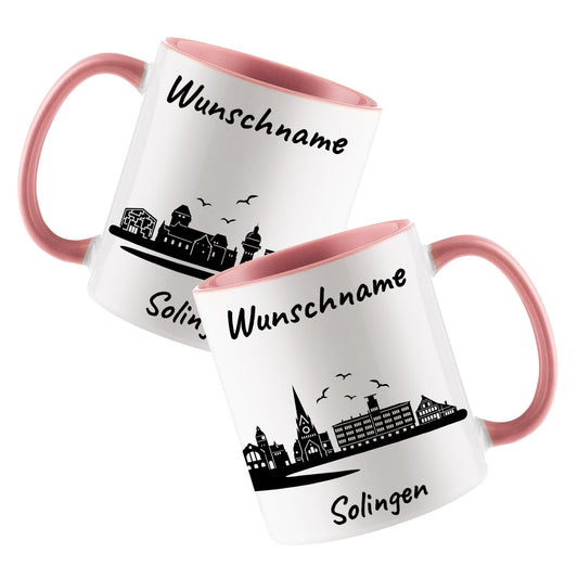 Tasse in Rosa 330ml bedruckt mit der Skyline von Solingen personalisierbar mit Wunschname