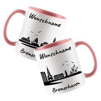 Tasse in Rosa 330ml bedruckt mit der Skyline von Bremerhaven personalisierbar mit Wunschname