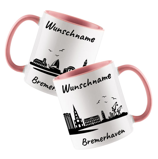 Tasse in Rosa 330ml bedruckt mit der Skyline von Bremerhaven personalisierbar mit Wunschname