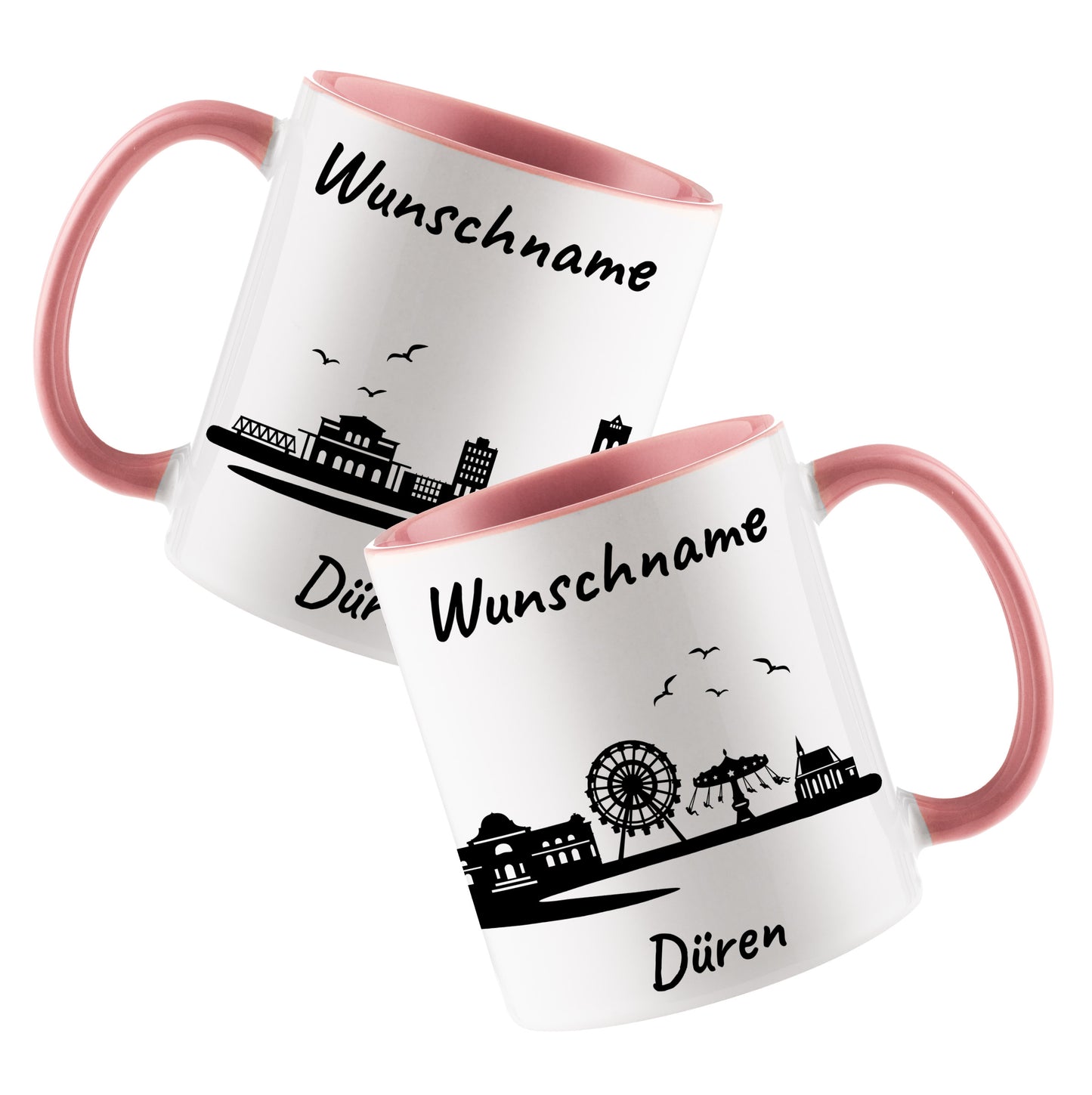 Tasse in Rosa 330ml bedruckt mit der Skyline von Düren personalisierbar mit Wunschname