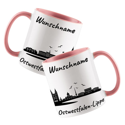 Tasse in Rosa 330ml bedruckt mit der Skyline von Ostwestfalen-Lippe personalisierbar mit Wunschname