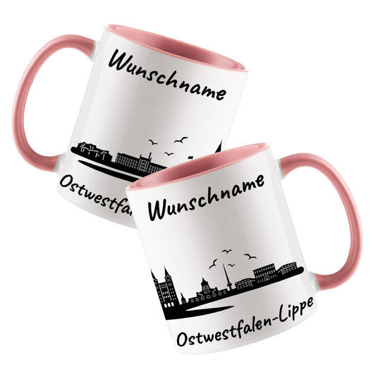 Tasse in Rosa 330ml bedruckt mit der Skyline von Ostwestfalen-Lippe personalisierbar mit Wunschname