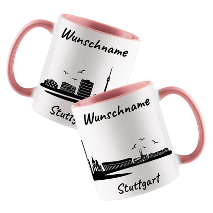 Tasse in Rosa 330ml bedruckt mit der Skyline von Stuttgart personalisierbar mit Wunschname