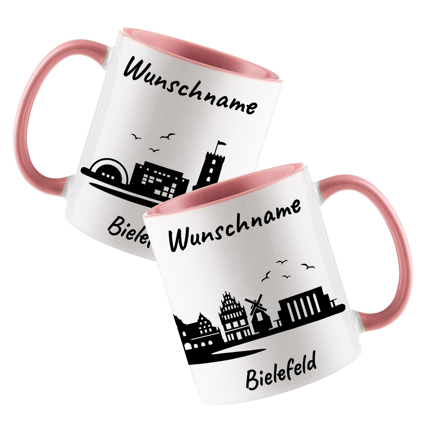 Tasse in Rosa 330ml bedruckt mit der Skyline von Bielefeld personalisierbar mit Wunschname