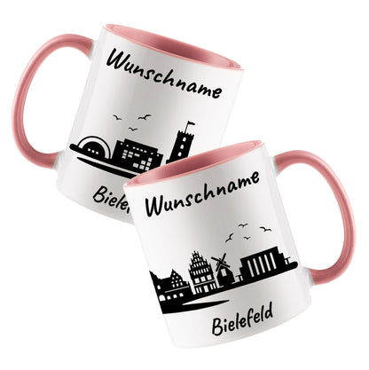 Tasse in Rosa 330ml bedruckt mit der Skyline von Bielefeld personalisierbar mit Wunschname