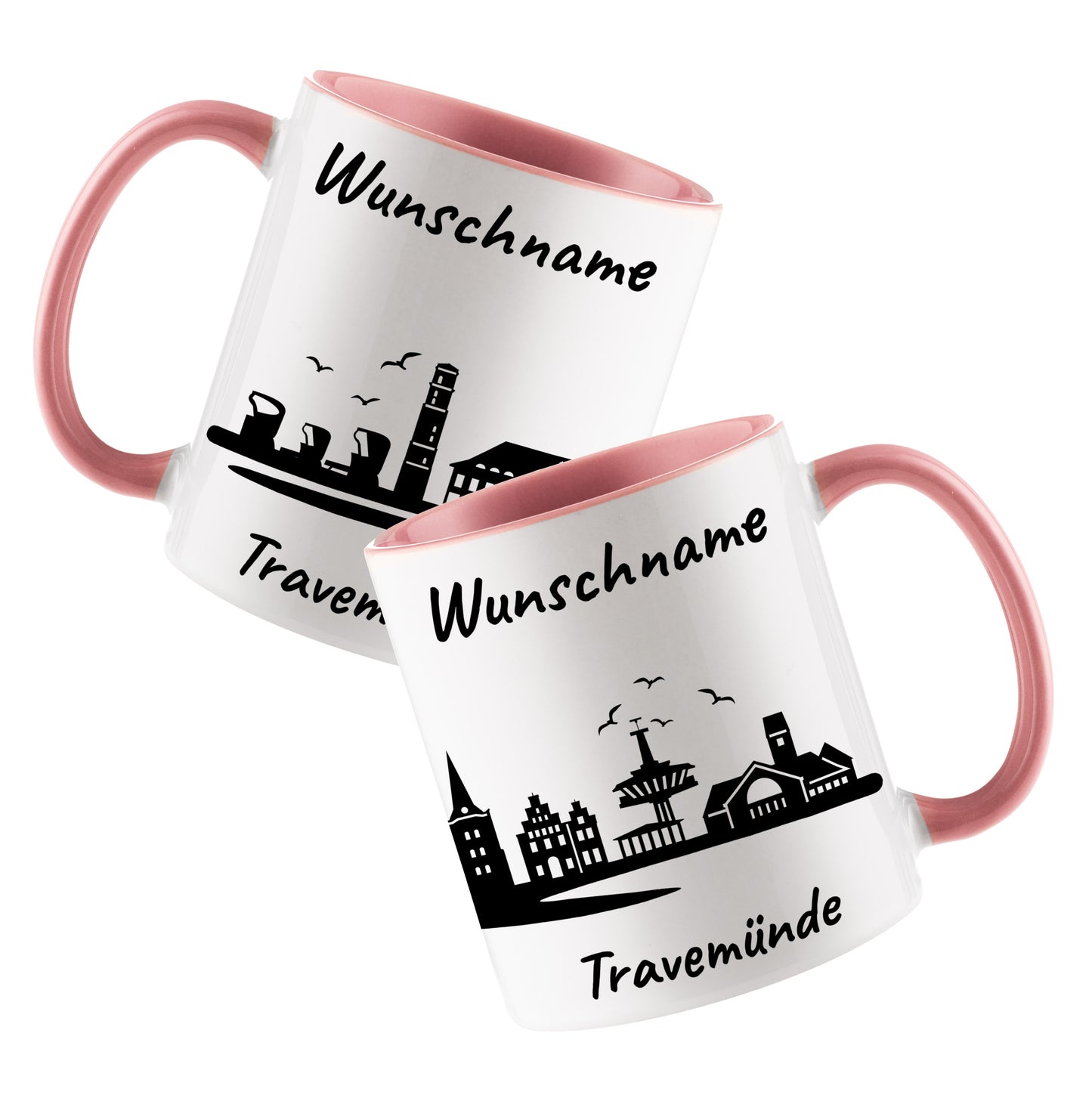 Tasse in Rosa 330ml bedruckt mit der Skyline von Travemünde personalisierbar mit Wunschname