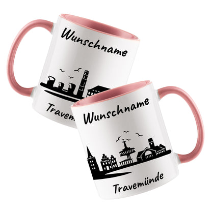 Tasse in Rosa 330ml bedruckt mit der Skyline von Travemünde personalisierbar mit Wunschname
