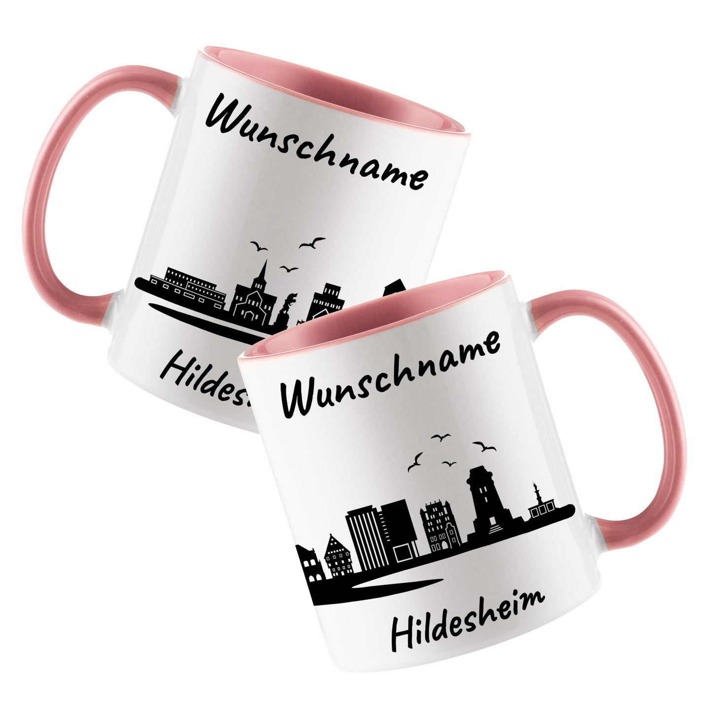 Tasse in Rosa 330ml bedruckt mit der Skyline von Hildesheim personalisierbar mit Wunschname