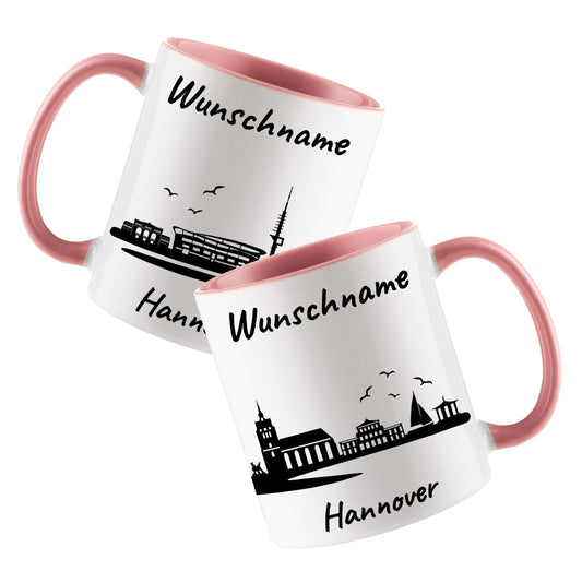 Tasse in Rosa 330ml bedruckt mit der Skyline von Hannover personalisierbar mit Wunschname