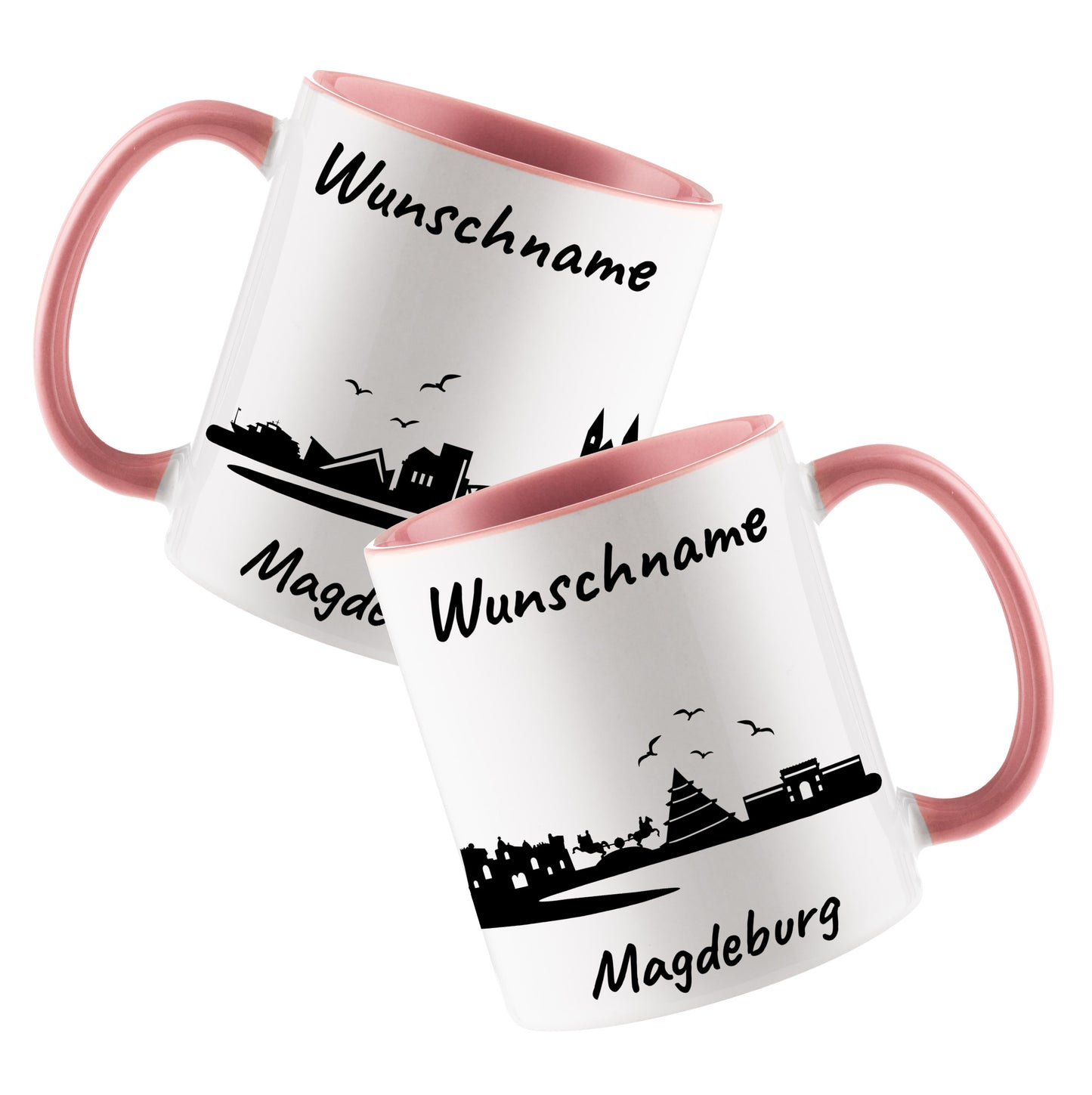 Tasse in Rosa 330ml bedruckt mit der Skyline von Magdeburg personalisierbar mit Wunschname