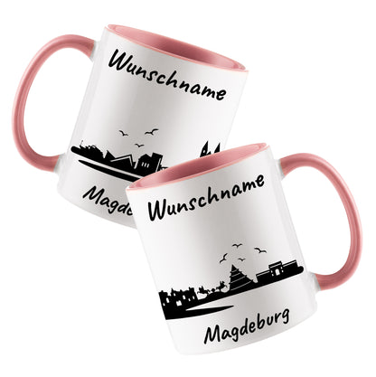 Tasse in Rosa 330ml bedruckt mit der Skyline von Magdeburg personalisierbar mit Wunschname