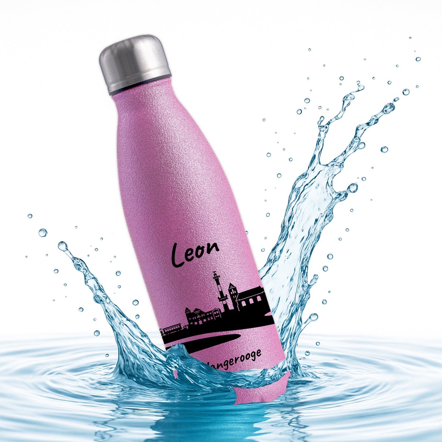 Glitzer Trinkflasche in Rosa 500ml aus Edelstahl bedruckt mit der Skyline von Wangerooge personalisierbar mit Wunschname