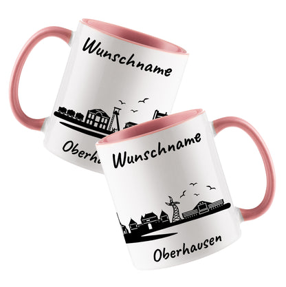 Tasse in Rosa 330ml bedruckt mit der Skyline von Oberhausen personalisierbar mit Wunschname