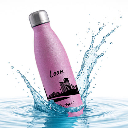 Glitzer Trinkflasche in Rosa 500ml aus Edelstahl bedruckt mit der Skyline von Stuttgart personalisierbar mit Wunschname