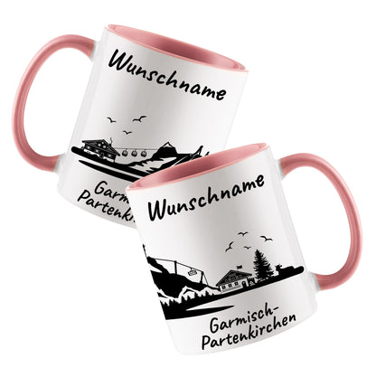 Tasse in Rosa 330ml bedruckt mit der Skyline von Garmisch-Partenkirchen personalisierbar mit Wunschname
