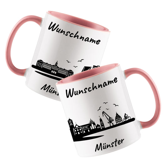 Tasse in Rosa 330ml bedruckt mit der Skyline von Münster personalisierbar mit Wunschname
