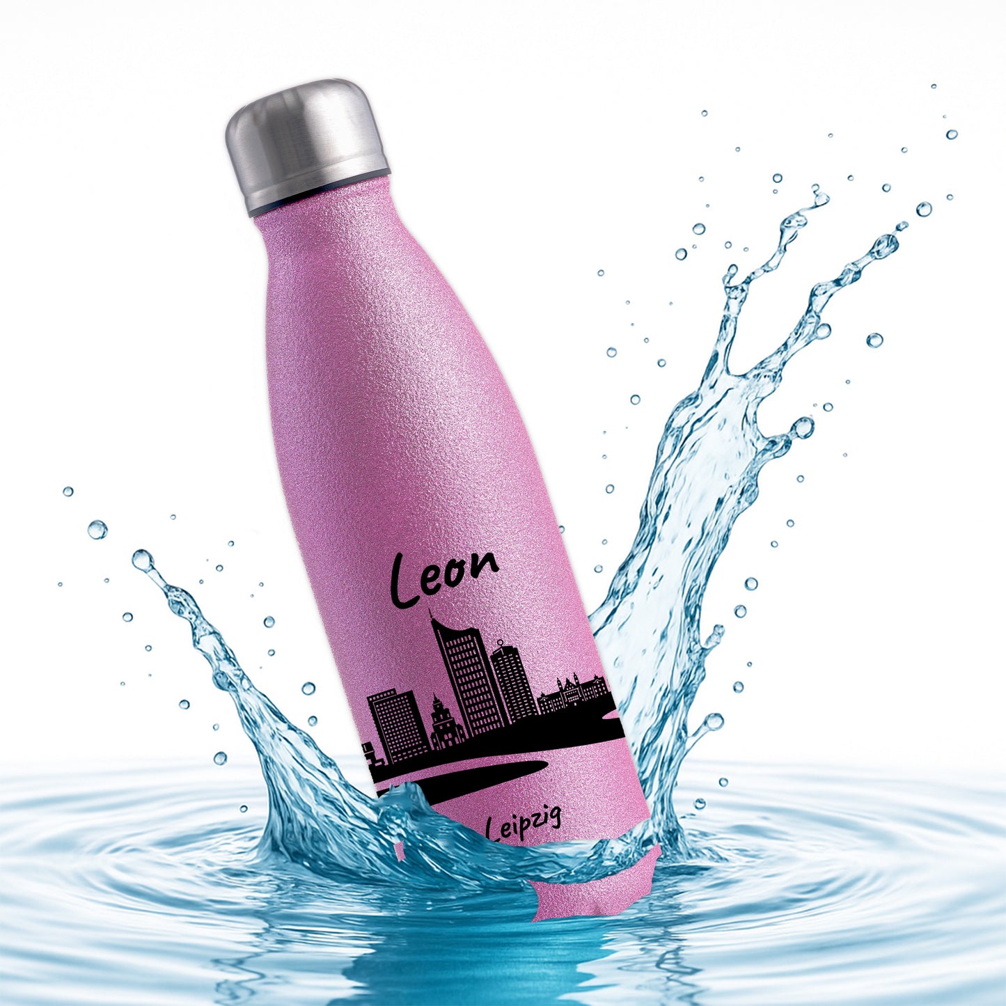 Glitzer Trinkflasche in Rosa 500ml aus Edelstahl bedruckt mit der Skyline von Leipzig personalisierbar mit Wunschname