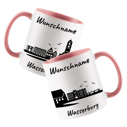 Tasse in Rosa 330ml bedruckt mit der Skyline von Wasserburg personalisierbar mit Wunschname