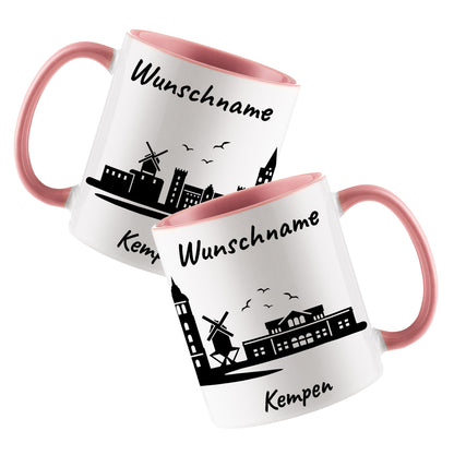 Tasse in Rosa 330ml bedruckt mit der Skyline von Kempen personalisierbar mit Wunschname