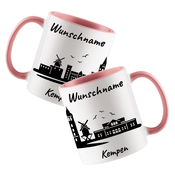 Tasse in Rosa 330ml bedruckt mit der Skyline von Kempen personalisierbar mit Wunschname