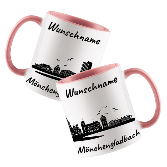 Tasse in Rosa 330ml bedruckt mit der Skyline von Mönchengladbach personalisierbar mit Wunschname