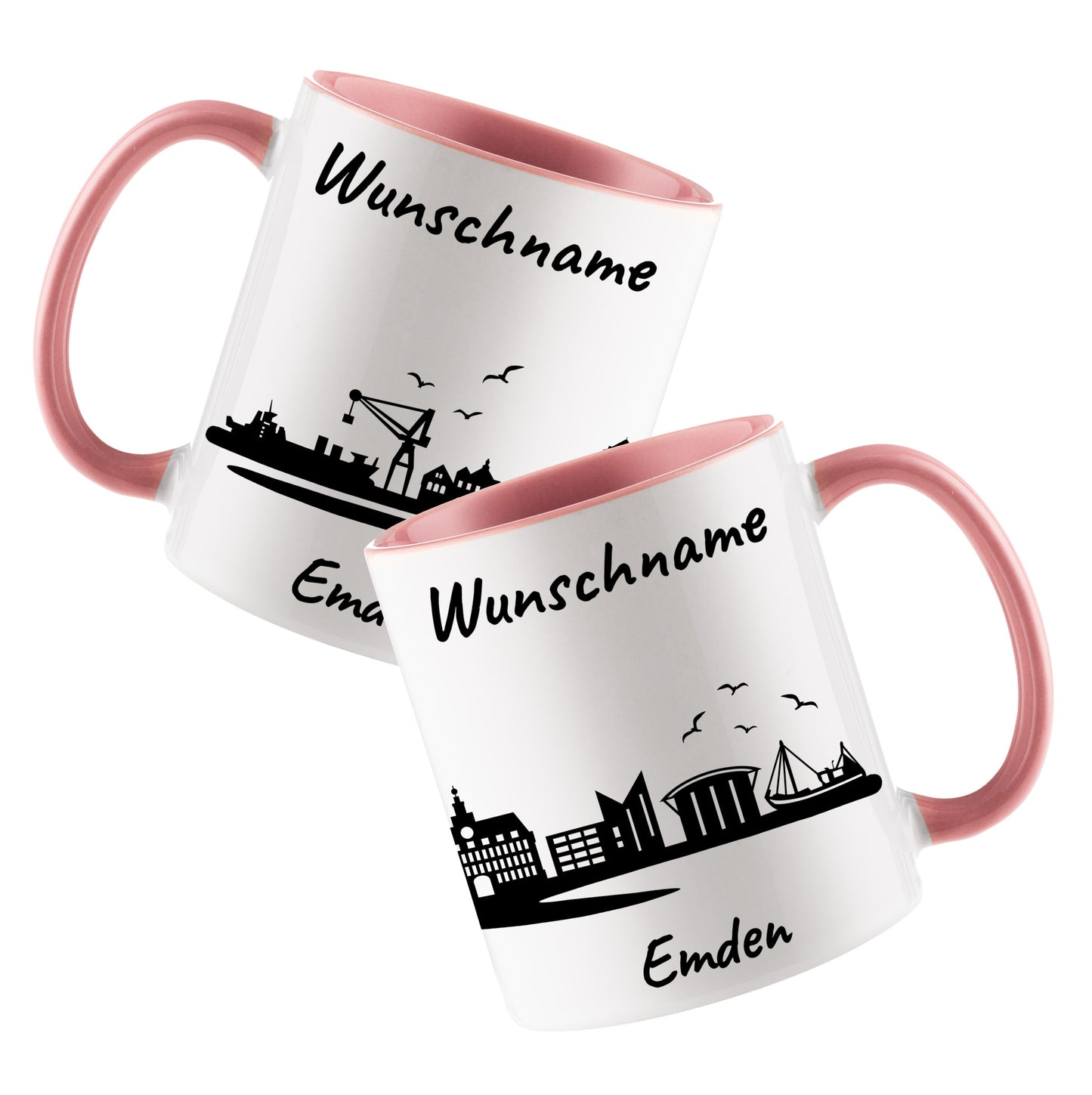 Tasse in Rosa 330ml bedruckt mit der Skyline von Emden personalisierbar mit Wunschname