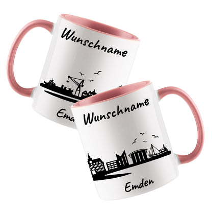 Tasse in Rosa 330ml bedruckt mit der Skyline von Emden personalisierbar mit Wunschname