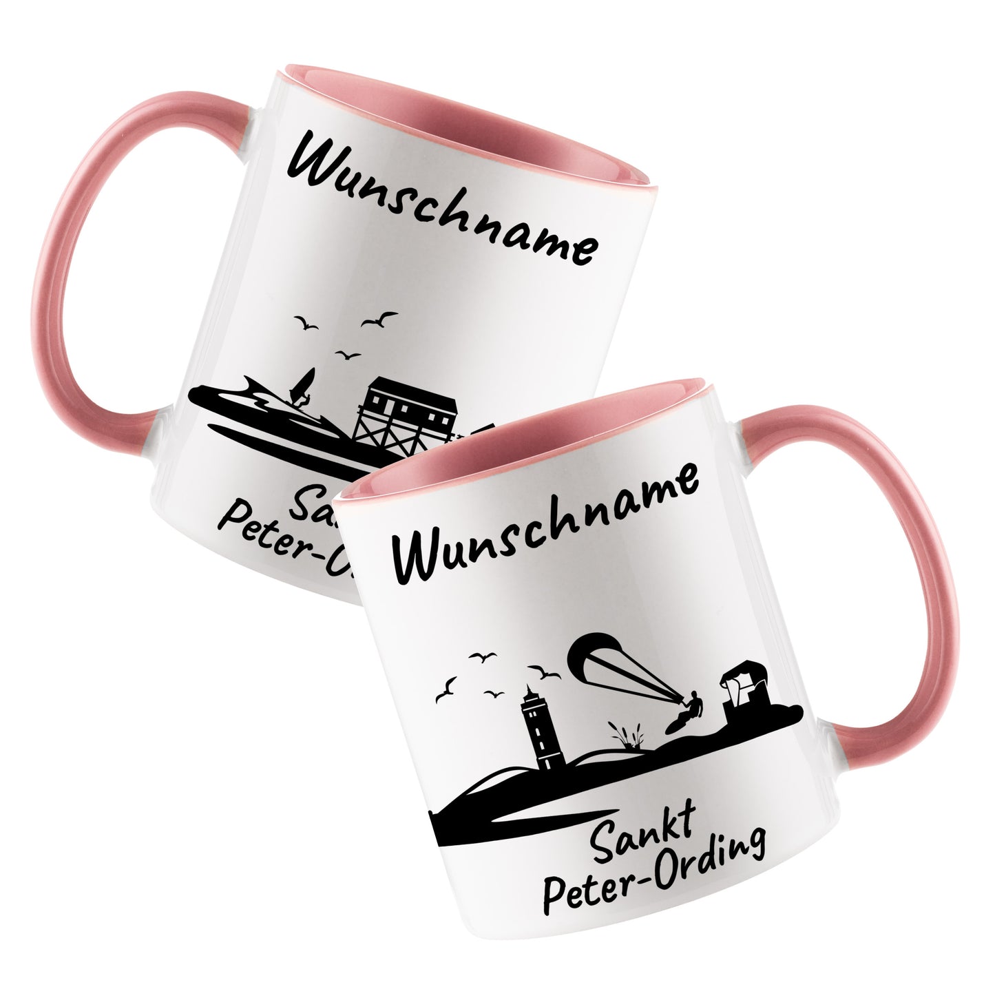 Tasse in Rosa 330ml bedruckt mit der Skyline von Sankt Peter-Ording personalisierbar mit Wunschname